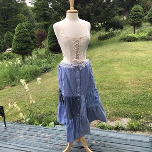 Tiered boho, cottagecore patchwork prairie.  men’s shirt upcycle maxi skirt S-XL